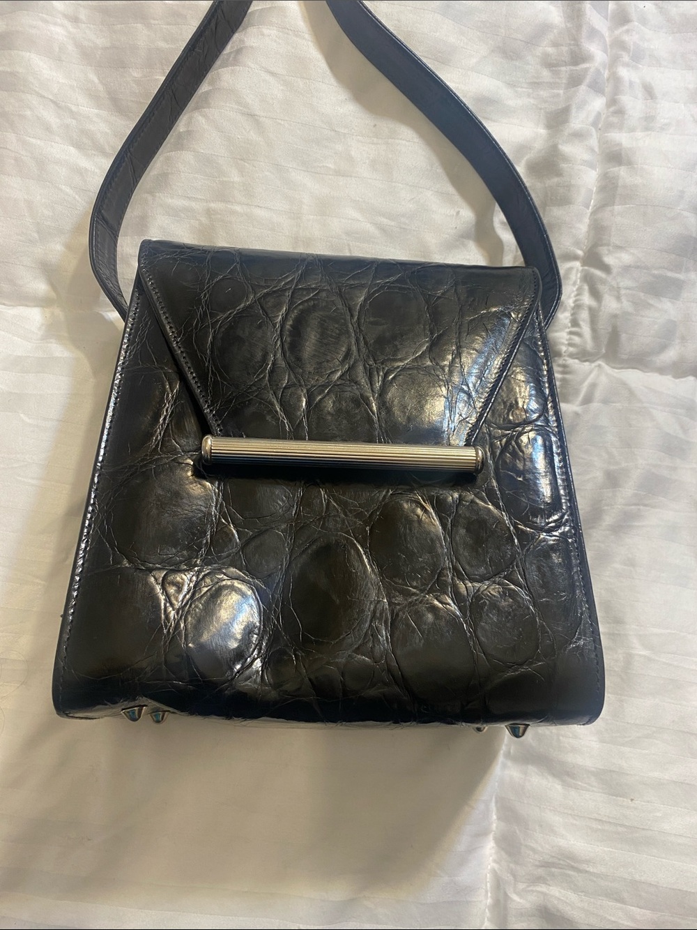 Rare Vintage Antonio Scepi Black Leather Croc Embossed Crossbody Bag